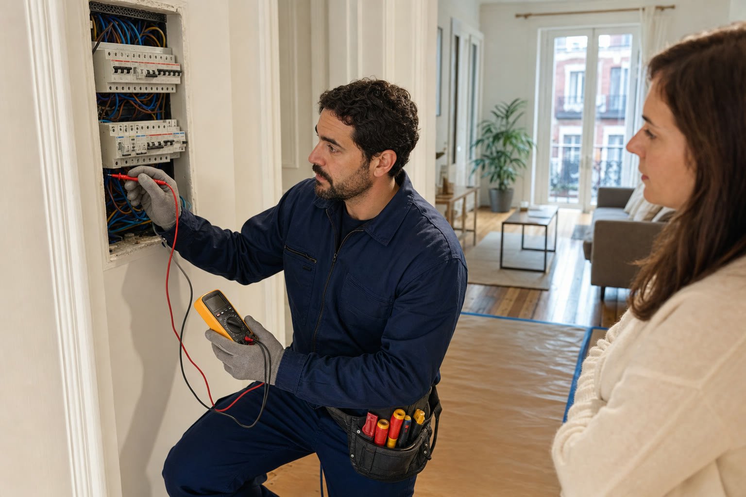 Electricista profesional revisando un cuadro eléctrico en una vivienda de Madrid Centro