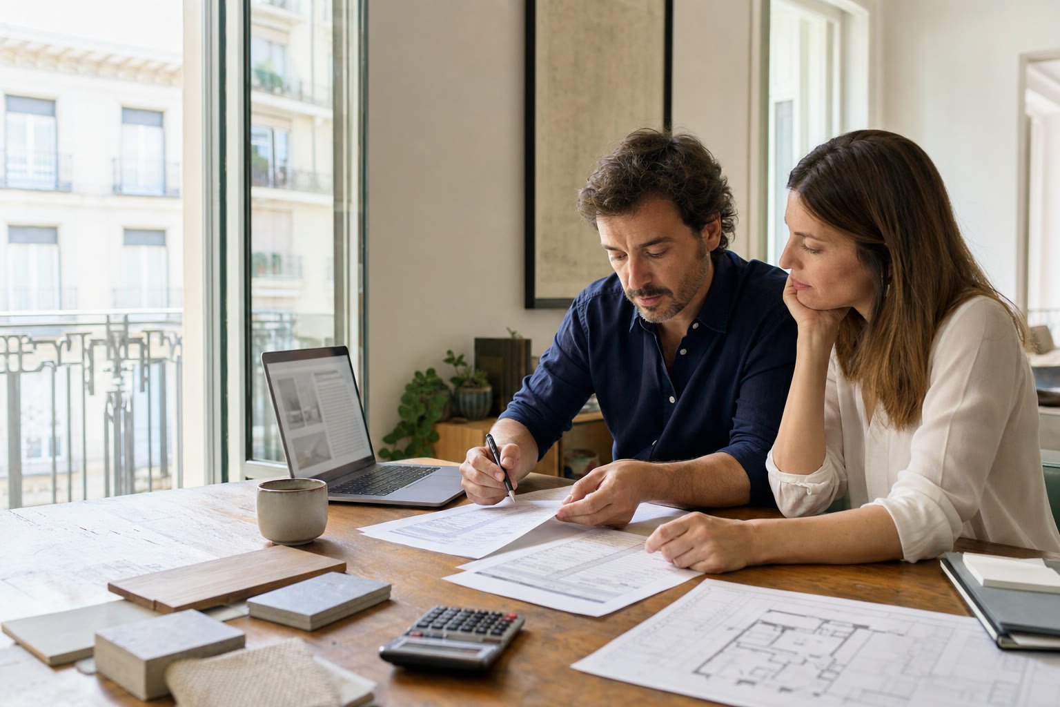 Pareja comparando costes planos y presupuestos con guías de reformas en Madrid