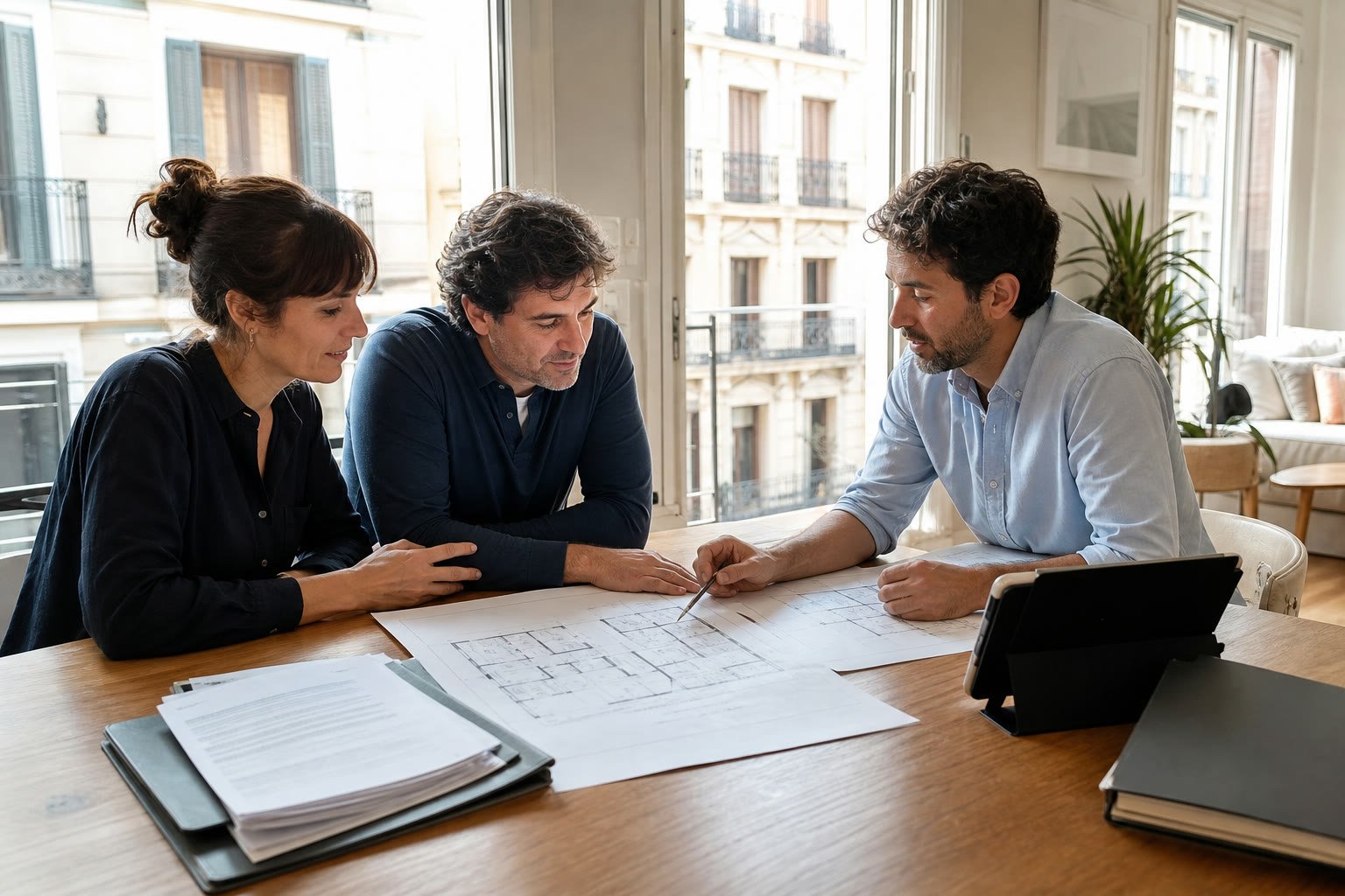 Propietarios revisando licencias y planos de una reforma en Madrid con un arquitecto