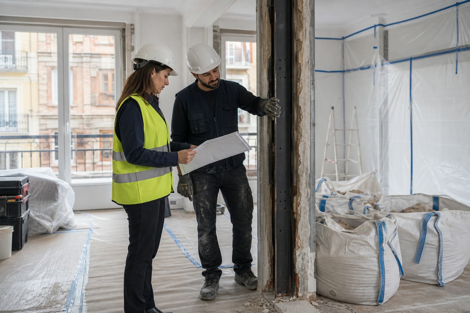 Arquitecta y profesional comprobando la normativa y seguridad de una reforma en Madrid