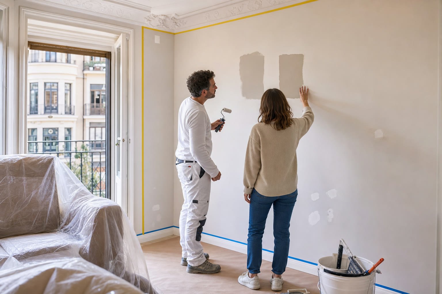 Pintor profesional y propietaria comparando muestras de color en una vivienda de Madrid Centro