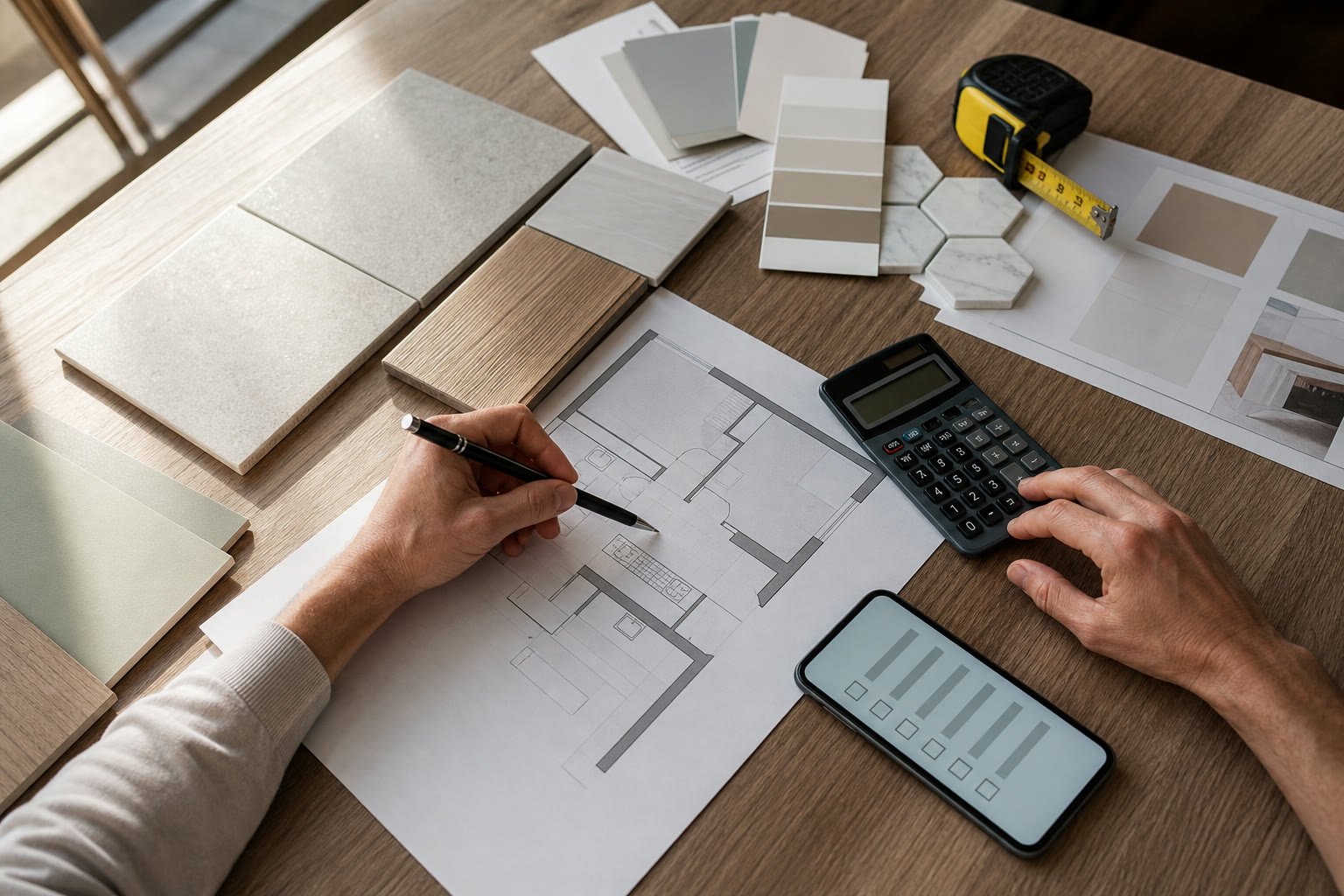 Planos calculadora medidas y muestras para planificar costes y materiales de una reforma en Madrid