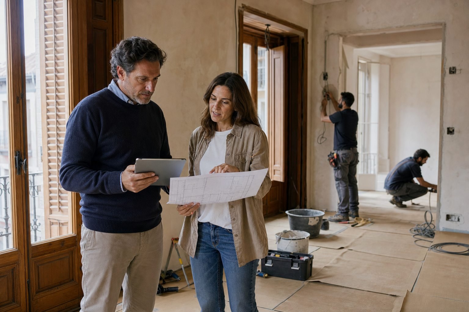 Propietaria y coordinador revisando planos durante una reforma en una vivienda de Madrid Centro